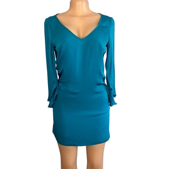 MILLY Aqua Stretch Silk Flutter Sleeve Butterfly Mini Dress - Picture 1 of 10